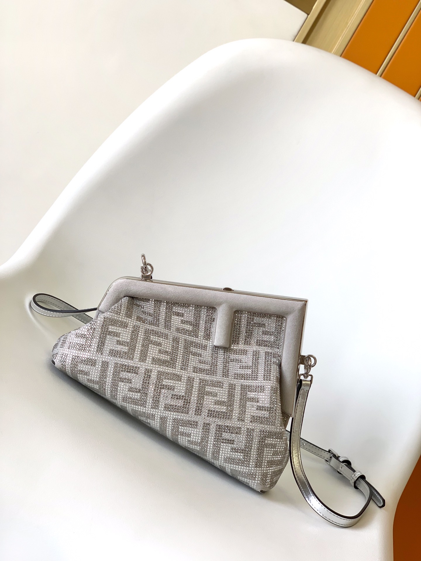 Fendi Small First FF Jacquard Fabric Shoulder Bag Silver Grey